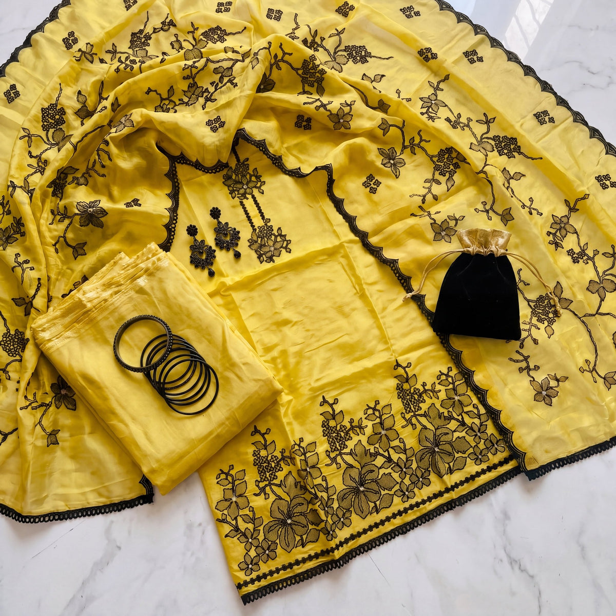 The Canary Botanical Embroidered Unstitched Mul Chanderi Suit Set (3-Piece) - SAJHO
