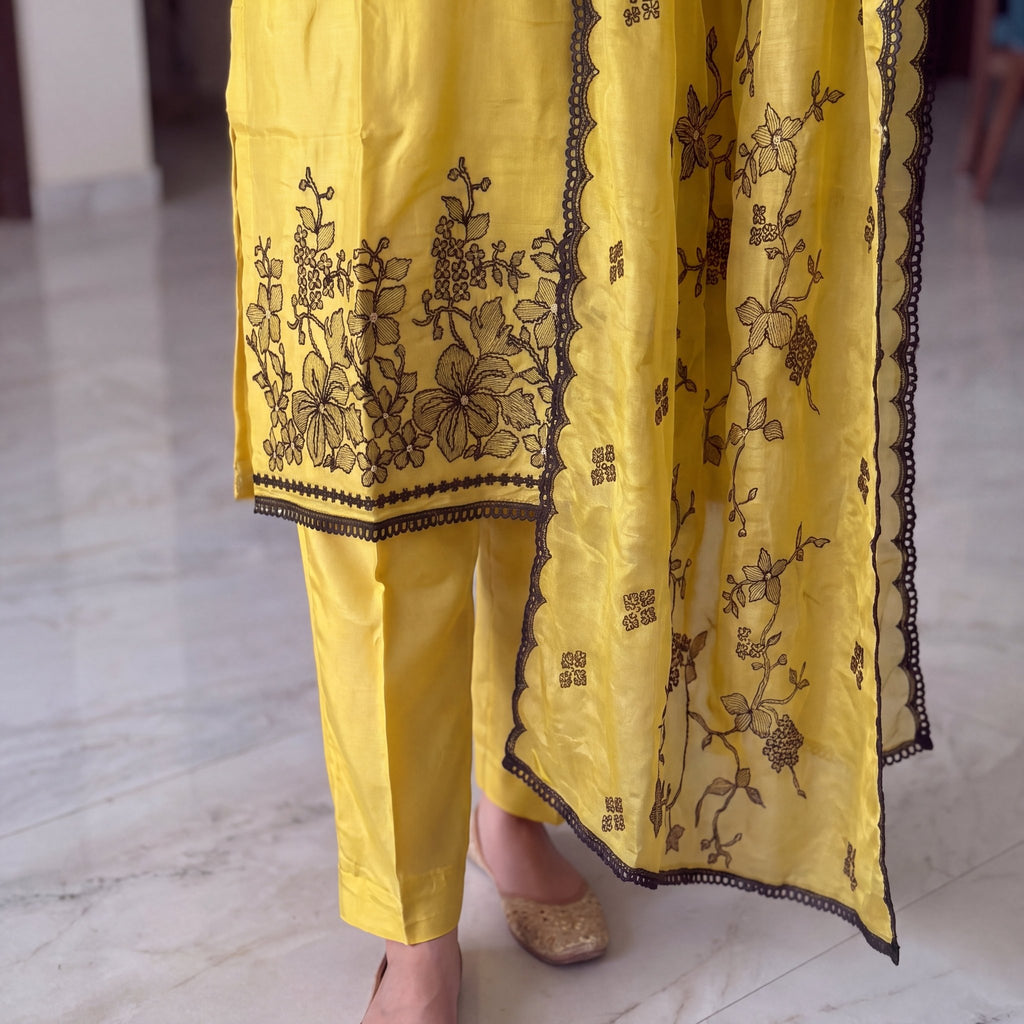 The Canary Botanical Embroidered Unstitched Mul Chanderi Suit Set (3-Piece) - SAJHO