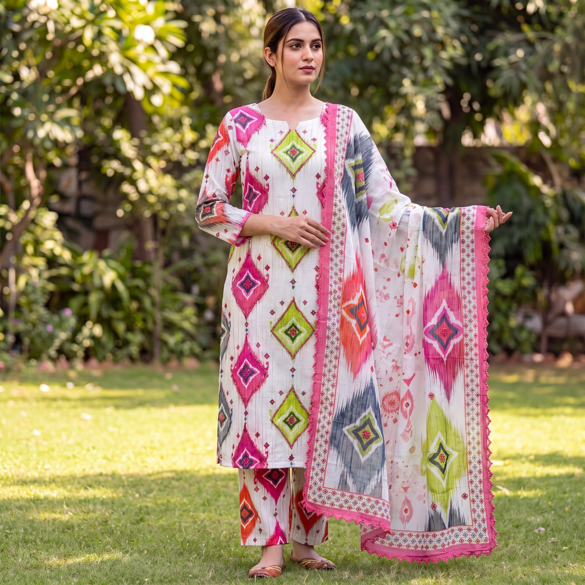 The Fuchsia & Lime Ikat Geometric Unstitched Cotton Suit Set (3-Piece) - SAJHO