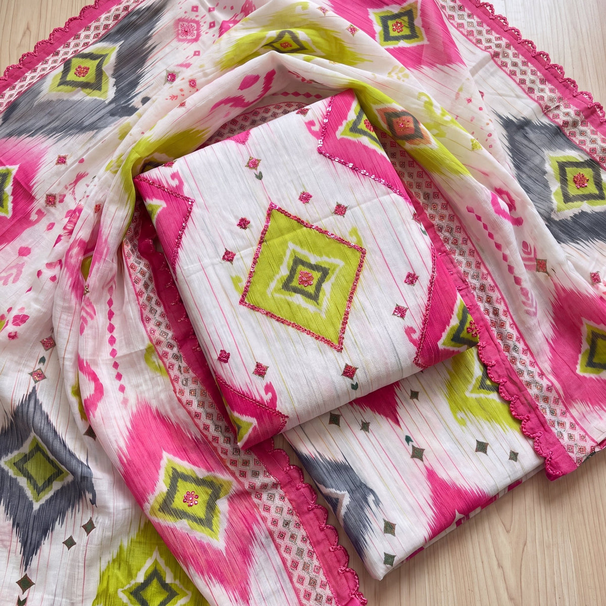 The Fuchsia & Lime Ikat Geometric Unstitched Cotton Suit Set (3-Piece) - SAJHO