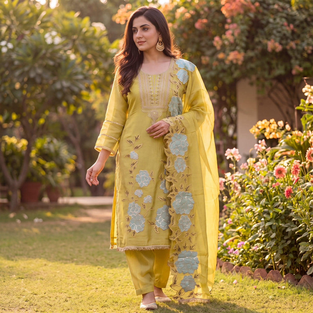 The Lemon Peony Zari Embroidered Unstitched Mul Chanderi Suit Set (3-Piece) - SAJHO