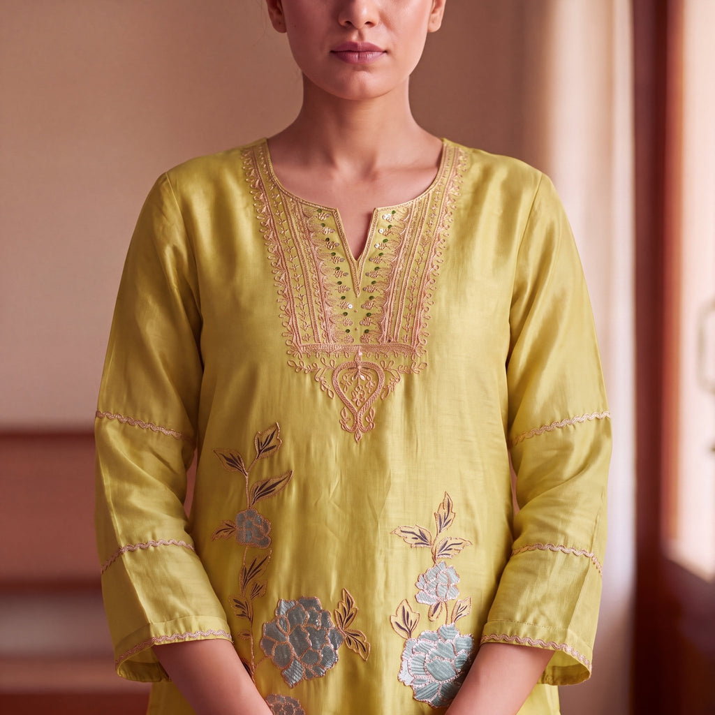 The Lemon Peony Zari Embroidered Unstitched Mul Chanderi Suit Set (3-Piece) - SAJHO