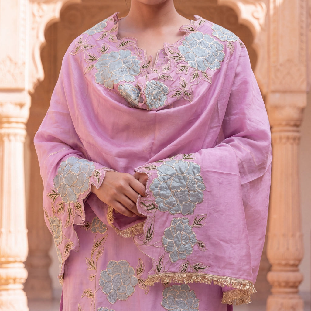 The Lilac Peony Zari Embroidered Unstitched Mul Chanderi Suit Set (3-Piece) - SAJHO