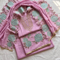 The Lilac Peony Zari Embroidered Unstitched Mul Chanderi Suit Set (3-Piece) - SAJHO