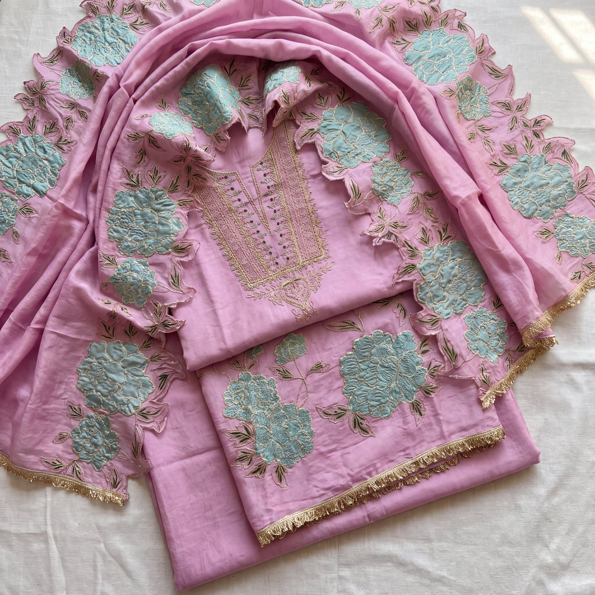 The Lilac Peony Zari Embroidered Unstitched Mul Chanderi Suit Set (3-Piece) - SAJHO