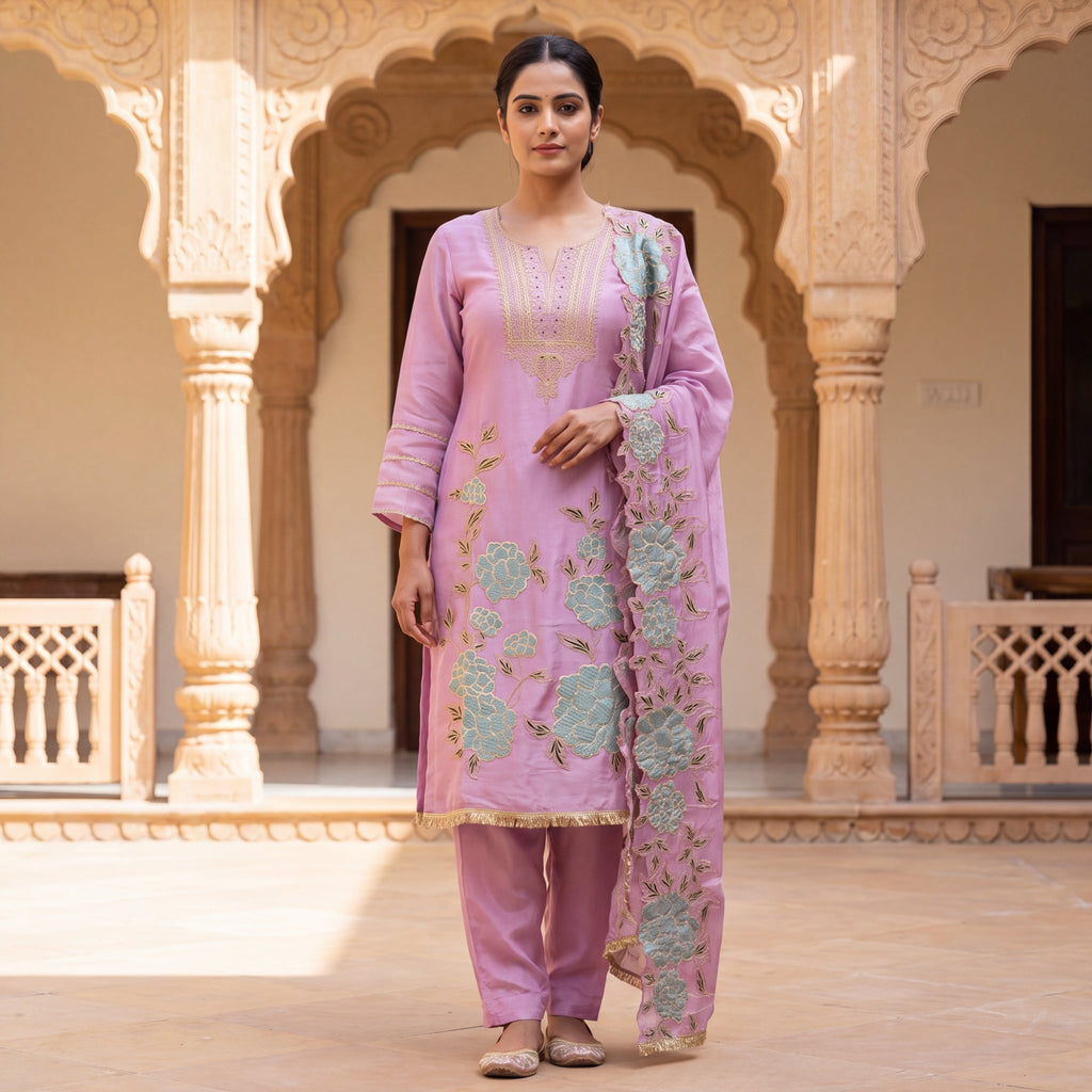 The Lilac Peony Zari Embroidered Unstitched Mul Chanderi Suit Set (3-Piece) - SAJHO