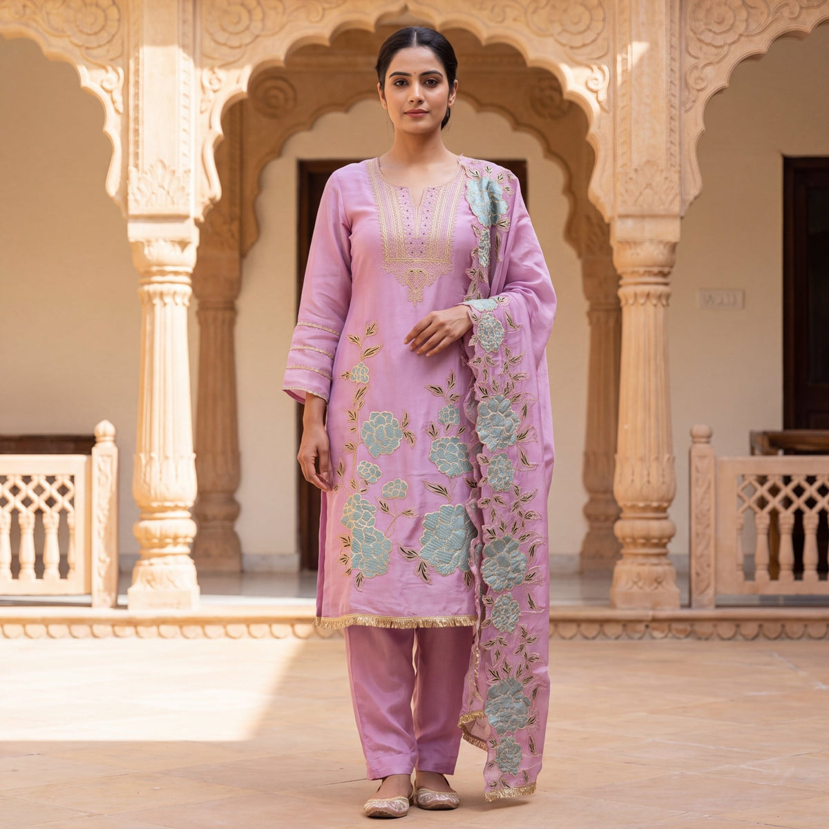 The Lilac Peony Zari Embroidered Unstitched Mul Chanderi Suit Set (3-Piece) - SAJHO