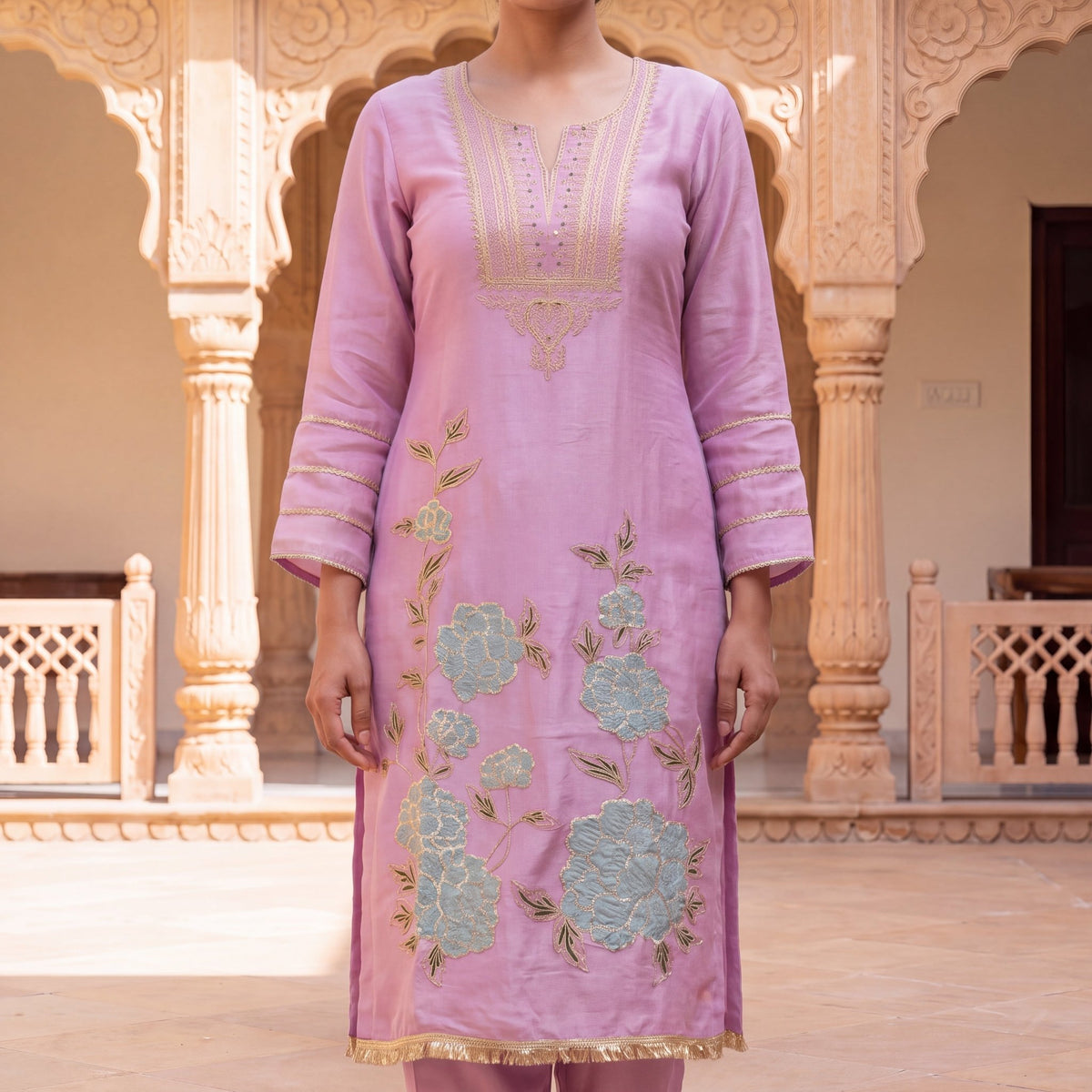 The Lilac Peony Zari Embroidered Unstitched Mul Chanderi Suit Set (3-Piece) - SAJHO