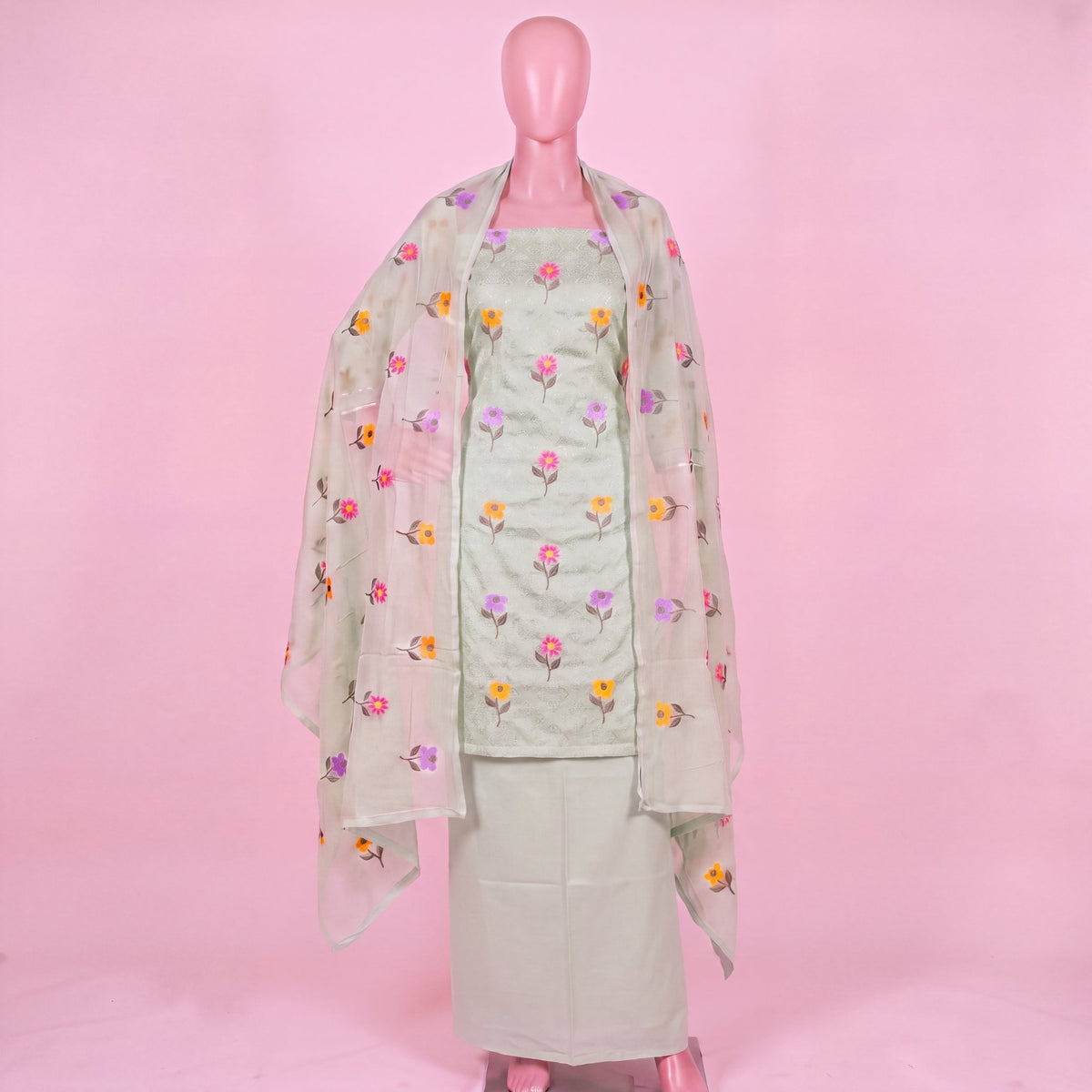 The Meadow Bloom Embroidered Unstitched Cotton Suit Set (3-Piece) - SAJHO