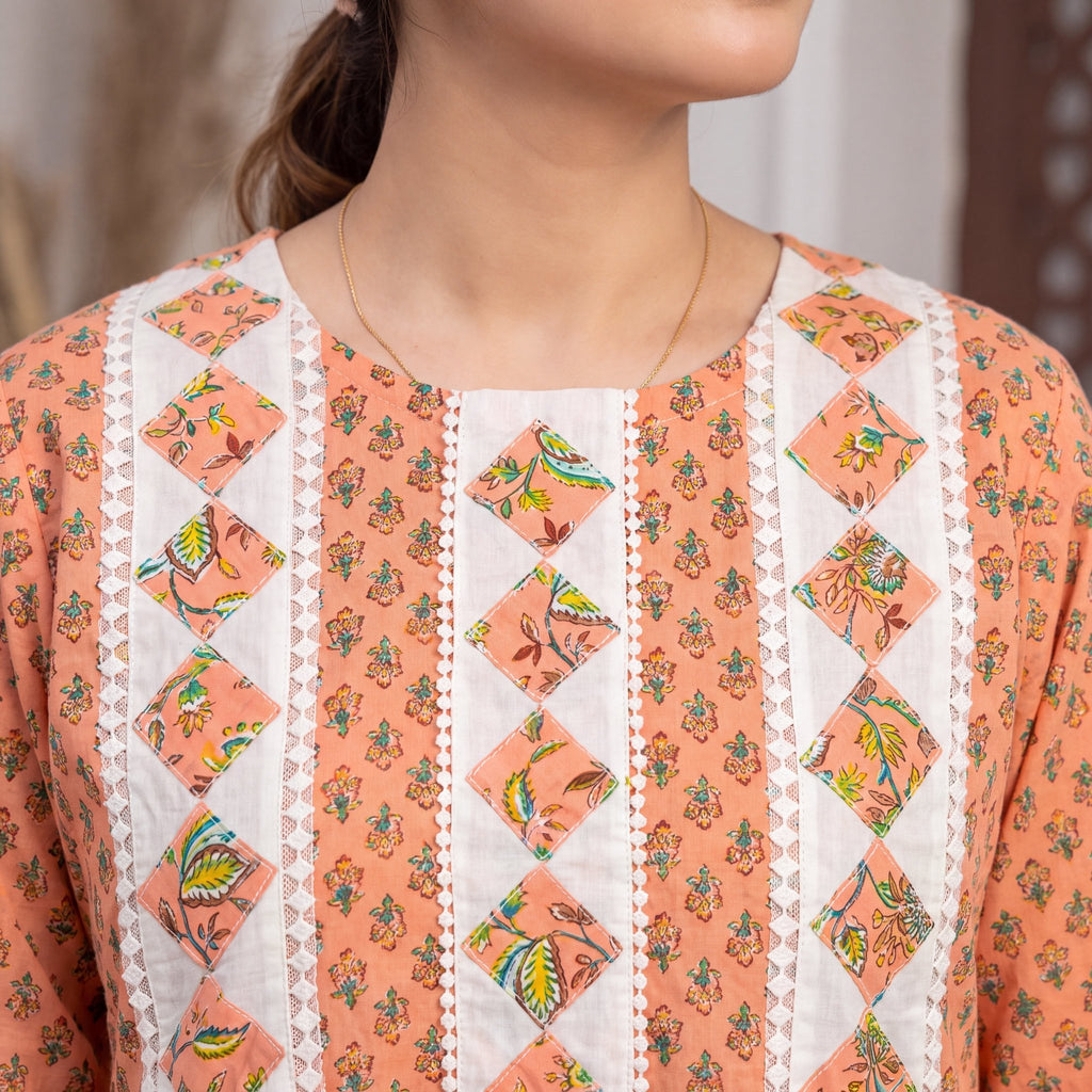 The Peach Blossom Appliqué Unstitched Cotton Suit Set (3-Piece) - SAJHO