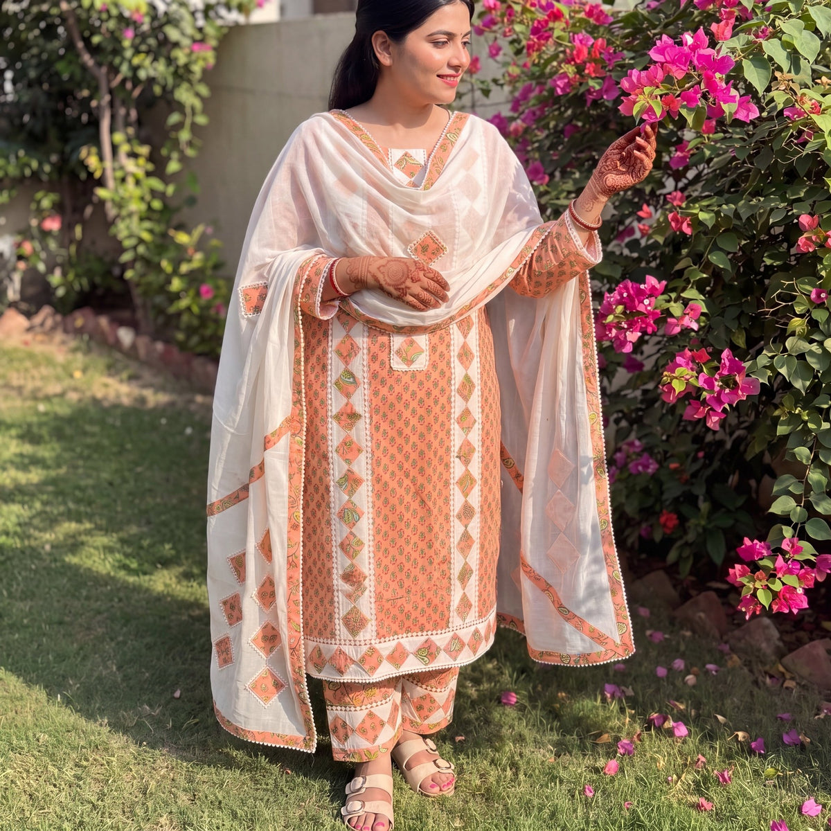 The Peach Blossom Appliqué Unstitched Cotton Suit Set (3-Piece) - SAJHO