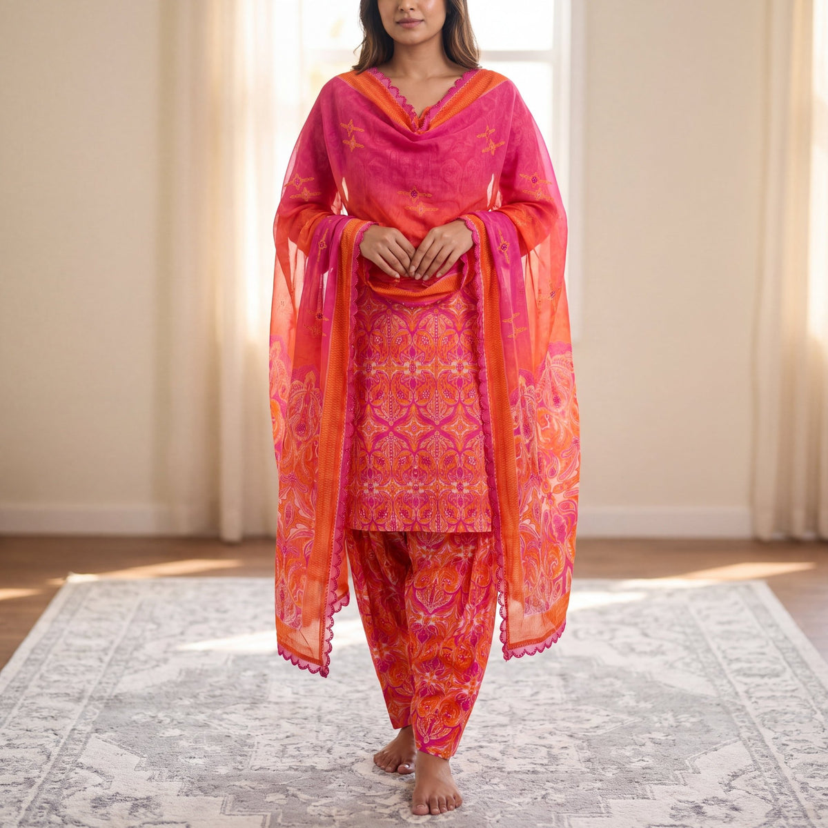 The Radiant Sunset Paisley Unstitched Cotton Suit Set (3-Piece) - SAJHO