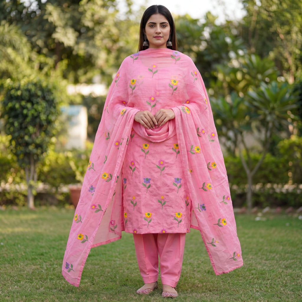 The Roseate Bloom Embroidered Unstitched Cotton Suit Set - SAJHO