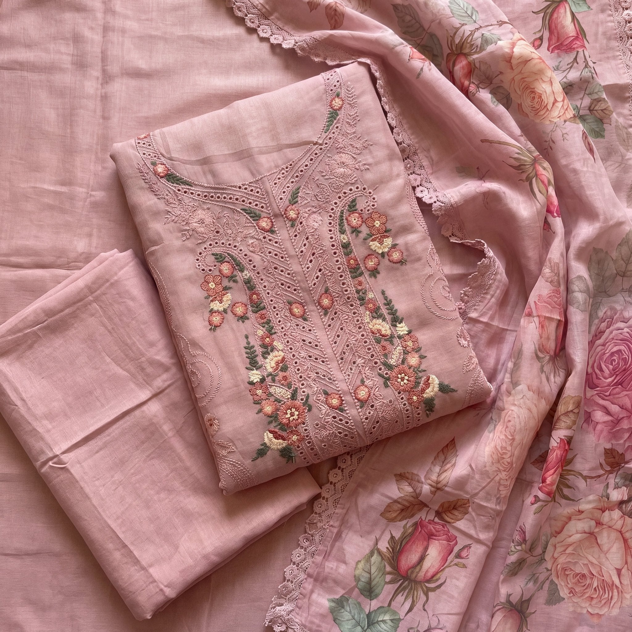 The Vintage Rose Embroidered Mul Chanderi 3-Piece Set - SAJHO