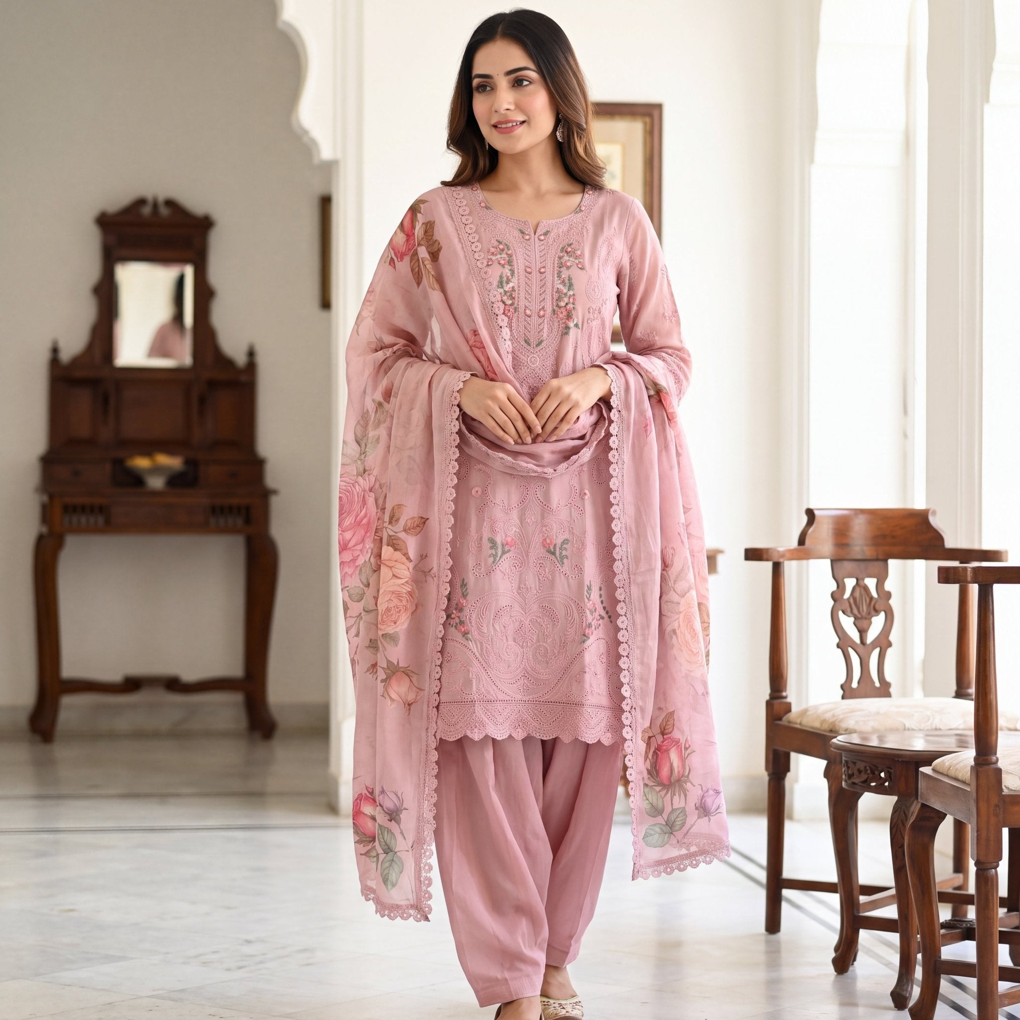 The Vintage Rose Embroidered Mul Chanderi 3-Piece Set - SAJHO