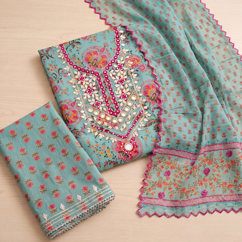 Turquoise Floral Unstitched Suit Set (3-Piece) - SAJHO