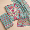 Turquoise Floral Unstitched Suit Set (3-Piece) - SAJHO
