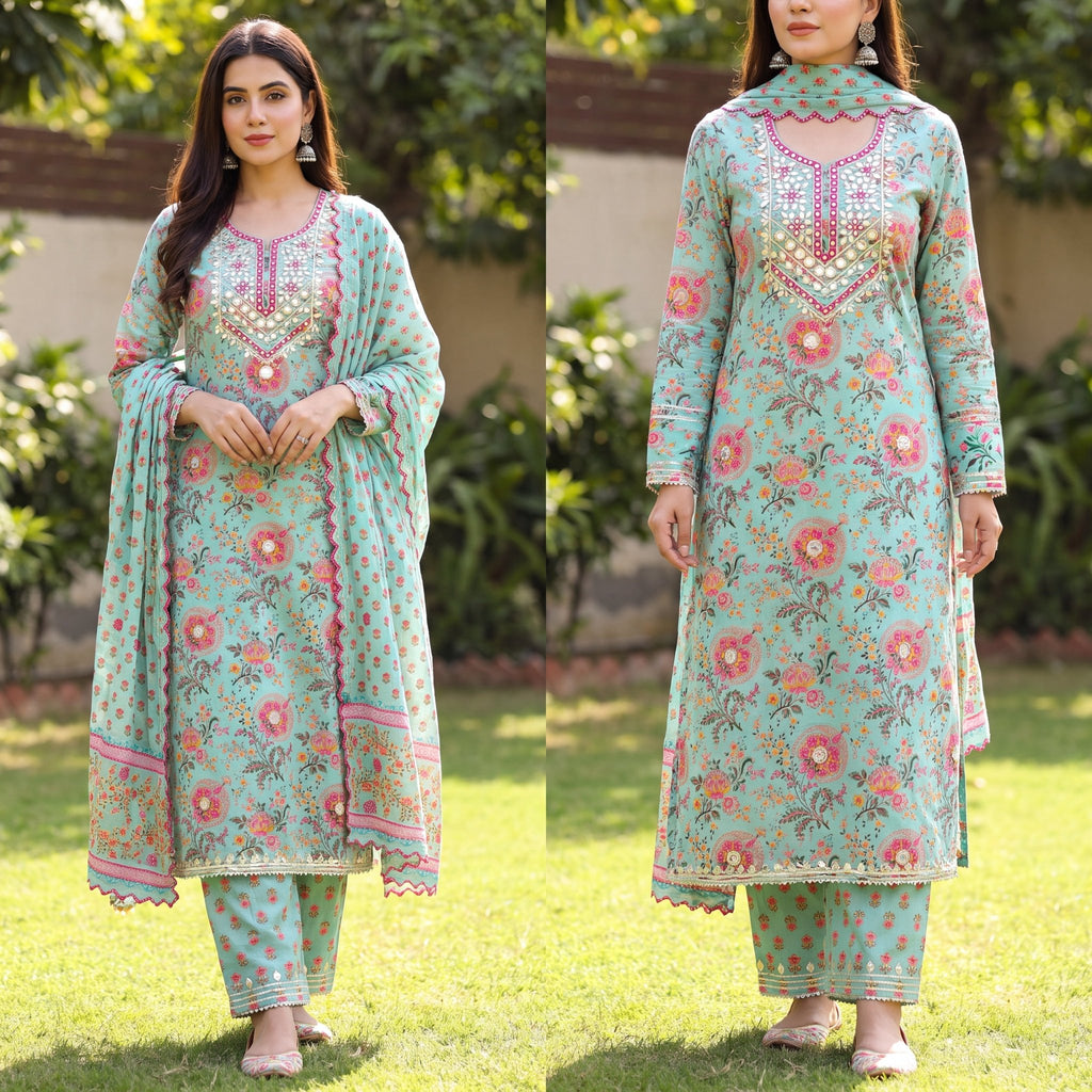 Turquoise Floral Unstitched Suit Set (3-Piece) - SAJHO