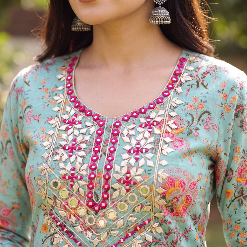 Turquoise Floral Unstitched Suit Set (3-Piece) - SAJHO