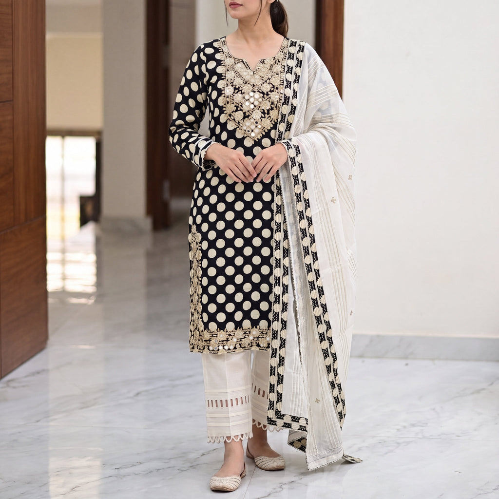 Unstitched Monochrome Suit with Zari Worked Top and Cutwork Bottoms⁠ - SAJHO