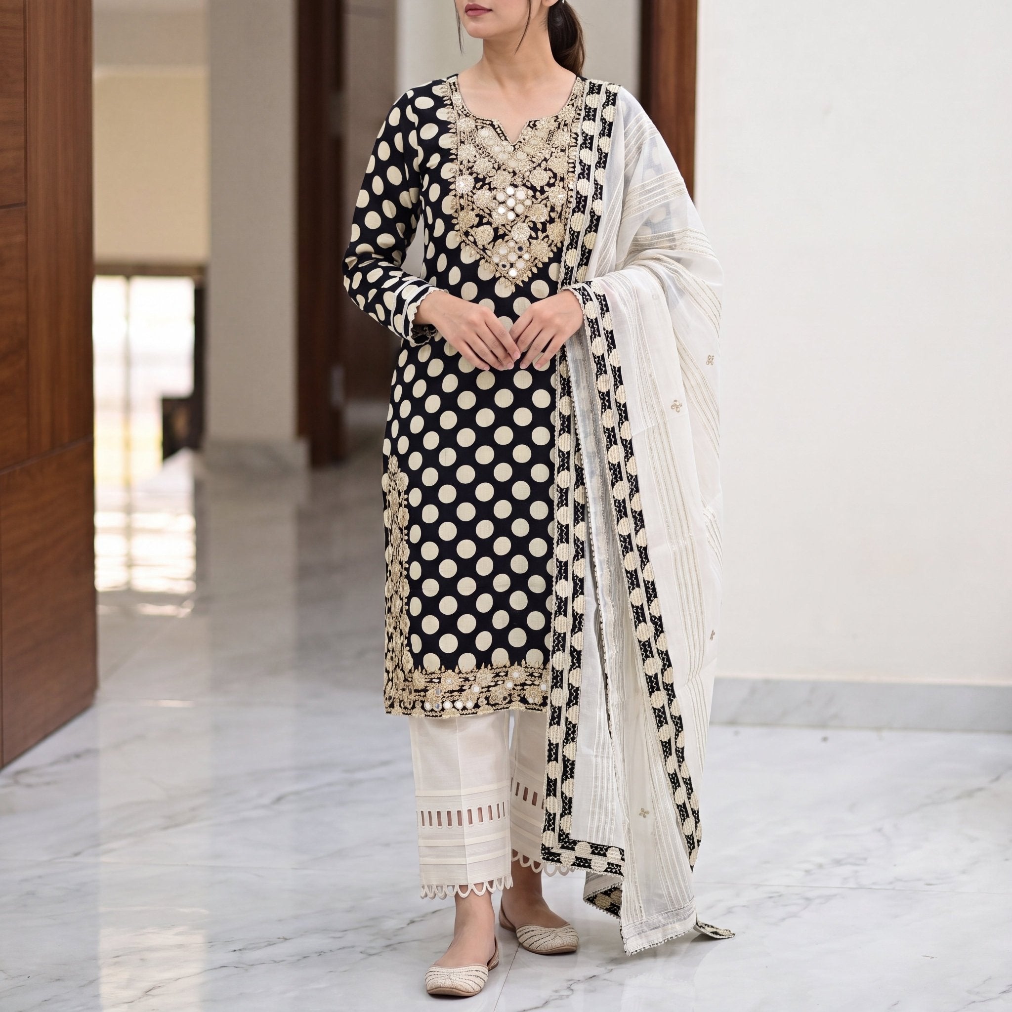 Unstitched Monochrome Suit with Zari Worked Top and Cutwork Bottoms⁠ - SAJHO